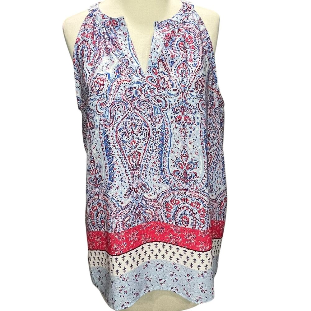 St Tropez West Tank Top Womens M Blue‎ Red Paisley Floral Split Neck Summer Boho